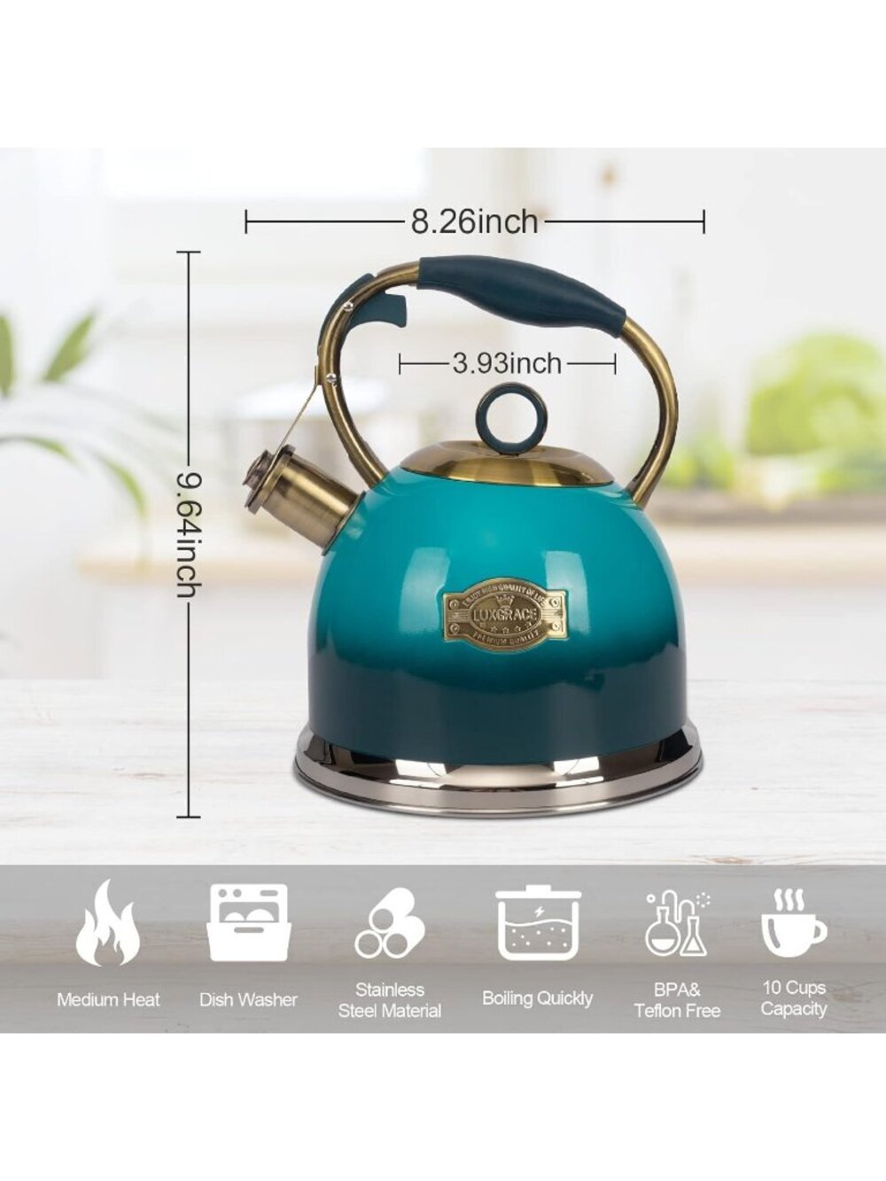 Blue Kitchen Whistling Tea Kettle 3.0 Quart Stainless Steel Stovetop Tea Pot - Picture 6 of 6